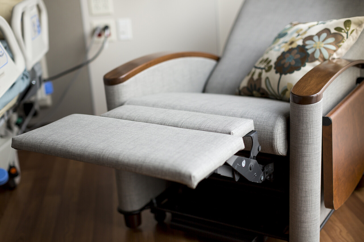 Cove recliner reclined in patient room
